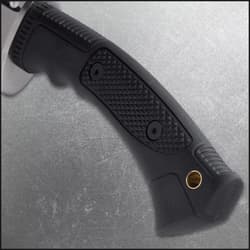 The Boshin Kukri is shown with its curved blade and TPR handle leaned against tactical gear.