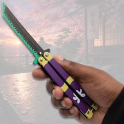 Hand holding a colorful butterfly knife