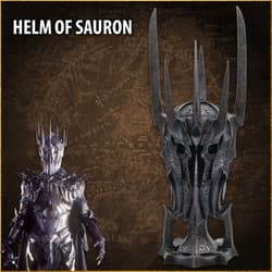 Helm of Sauron with character in armor on map background