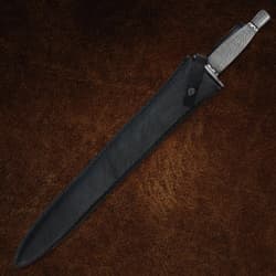 Black leather sheath with sword handle visible