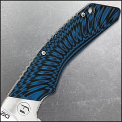 Angled view of extended pocket knife with a shining silver double edged blade and blue and black handle.