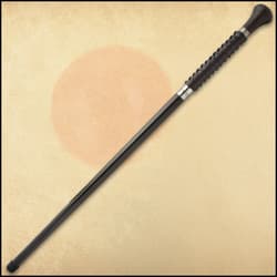 The handle has a brown wooden knob and is wrapped, Samurai sword-style, in faux rayskin and genuine brown leather