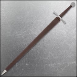 Sword sheathed in a brown leather scabbard on textured background