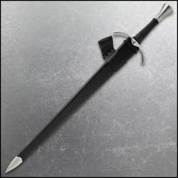 Sword sheathed in black scabbard on gray background