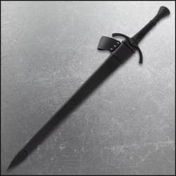 Black broadsword sheathed with belt attachment on gray surface