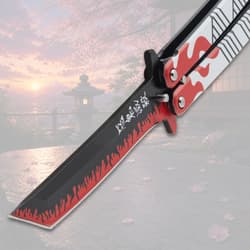 Blade of butterfly knife with red flame pattern
