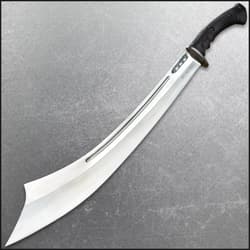 Honshu stainless steel sword held by the handle in downward angle to showcase the sharp carbon steel blade