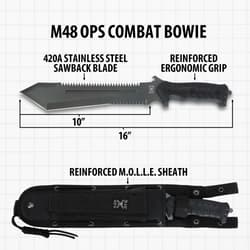 M48 OPS Combat Bowie knife with dimensions and features labeled