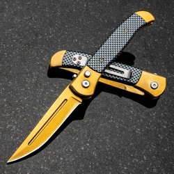 Gold Carbon Fiber Automatic Knife - Stainless Steel Blade, Carbon Fiber And Steel Handle, Pocket Clip - Closed 4 1/2"