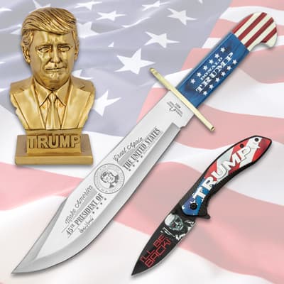 Gold bust, two knives on American flag background