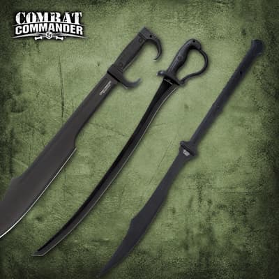 Three black tactical swords on a textured green background
