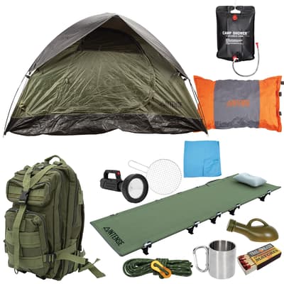 Camping gear set with tent, backpack, and essentials