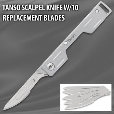 Tanso scalpel knife with 10 replacement blades on gray background