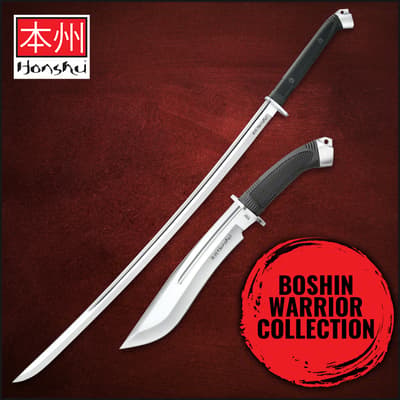 Two Honshu Boshin swords on red background
