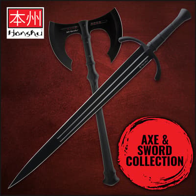 Black axe and sword on red background with Honshu logo