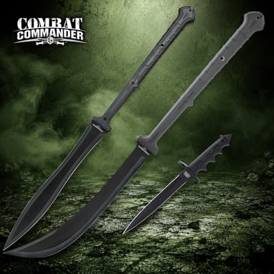 Three black blades on a green smoky background
