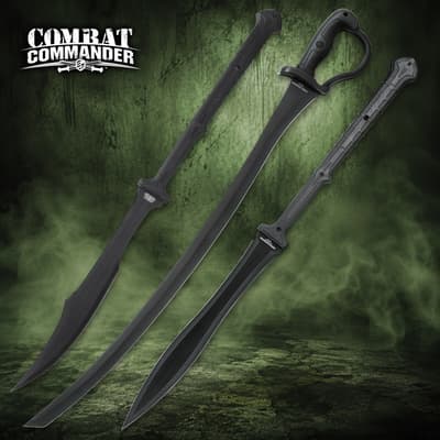 Three black swords with textured handles on green background