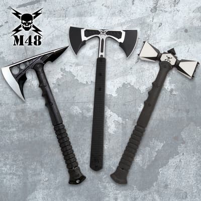 Three tactical axes with black handles on a textured background