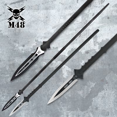 Three black spears with silver blades on textured background