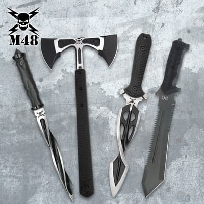 Four tactical weapons on a textured background