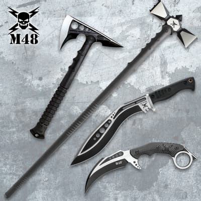 Collection of tactical weapons on textured background