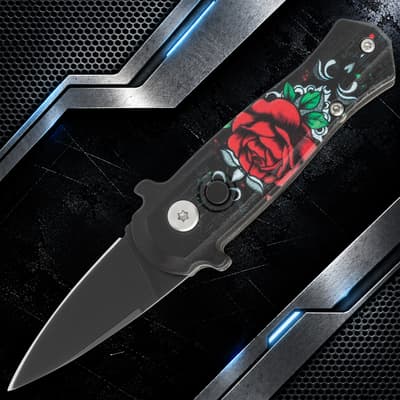 Black knife with red rose design on handle