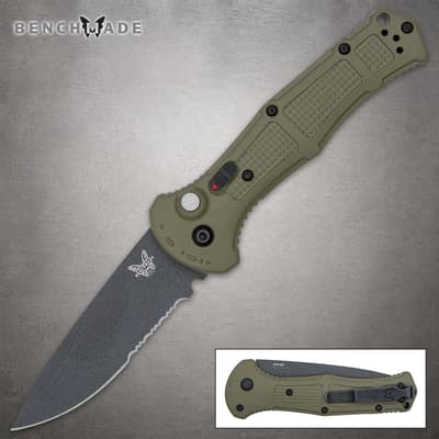 Olive drab folding knife with serrated blade and textured handle