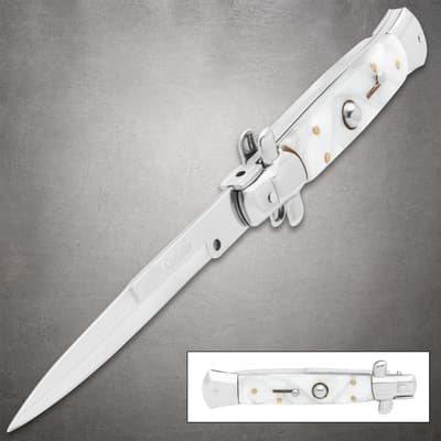 White pearl stiletto knife with stainless steel blade