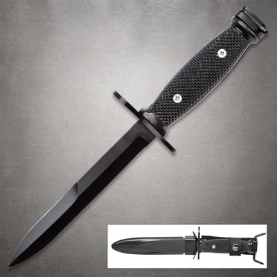 Black tactical knife with textured grip and sheath