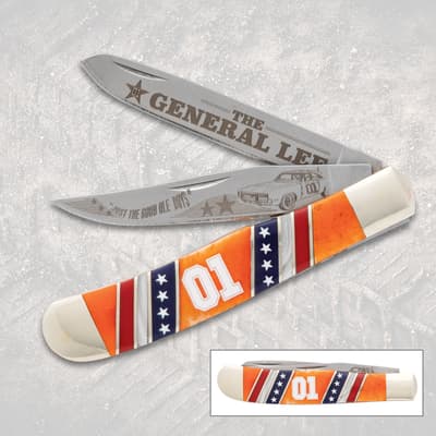 Pocket knife with 'General Lee' design and orange handle