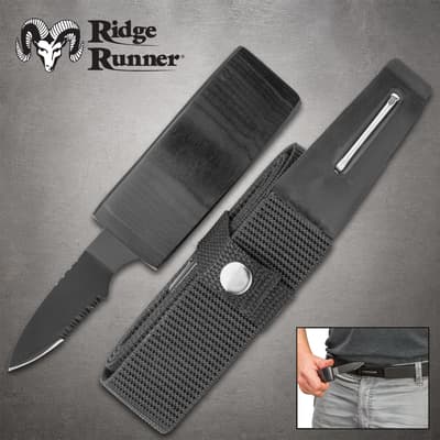 Black belt with hidden knife and sheath