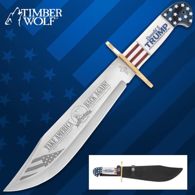 Patriotic-themed knife with engraved blade and sheath