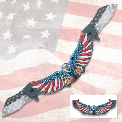 Eagle-themed knife with American flag design on a flag background