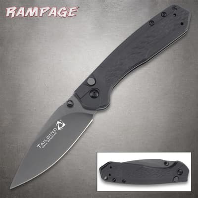 Black folding knife with textured handle and open blade