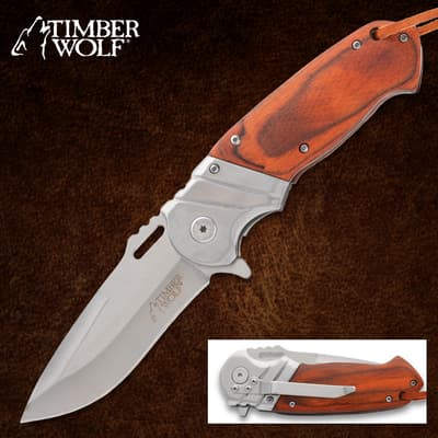 Timber Wolf folding knife with wood handle and stainless steel blade