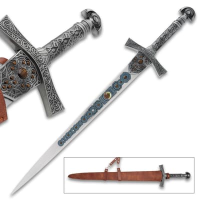 Decorative sword with intricate hilt and sheath