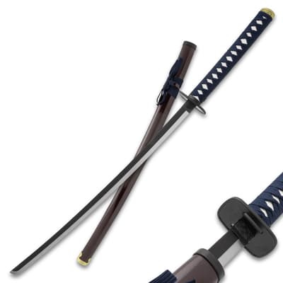 Katana with blue handle and brown scabbard