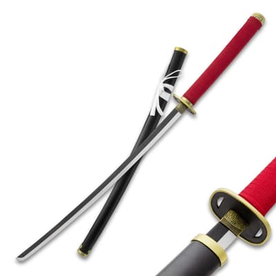 Katana with red handle and black scabbard