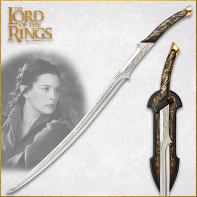 Arwen's sword with intricate design and character portrait