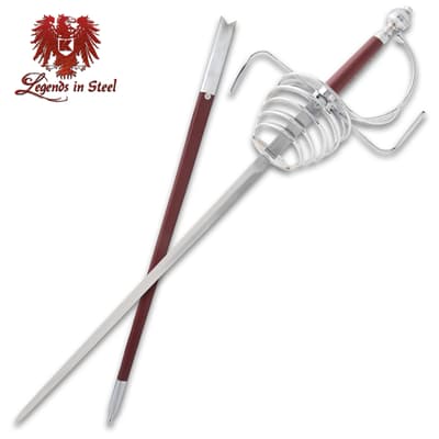 Rapier with ornate hilt and scabbard, Legends in Steel logo