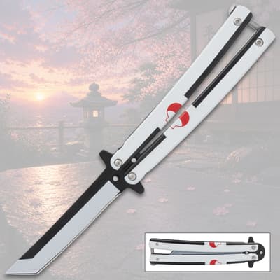 Butterfly knife with anime design on a scenic background
