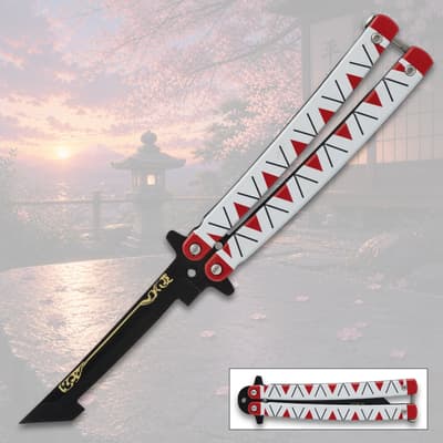 Butterfly knife with red and white handle, scenic background
