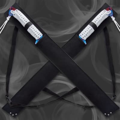 Crossed black sheaths with swords partially visible