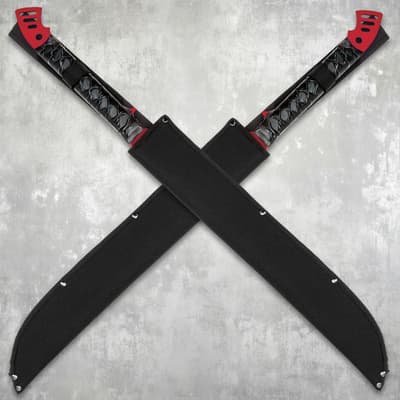 Crossed swords in black sheaths with red and black handles