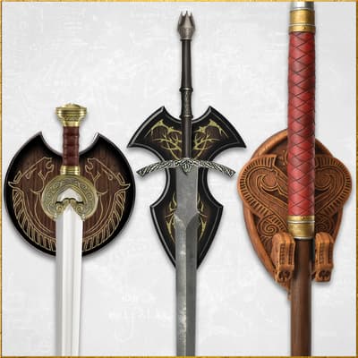 Three swords displayed with decorative plaques