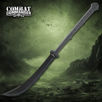 Single black sword with a long handle on a green backdrop