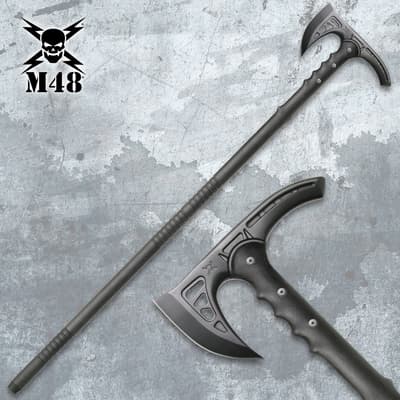 Tactical axe with detailed close-up on textured surface