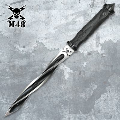 Single tactical knife with a spiraling blade and black handle