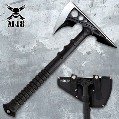 Single tactical tomahawk with black handle and sheath on textured background