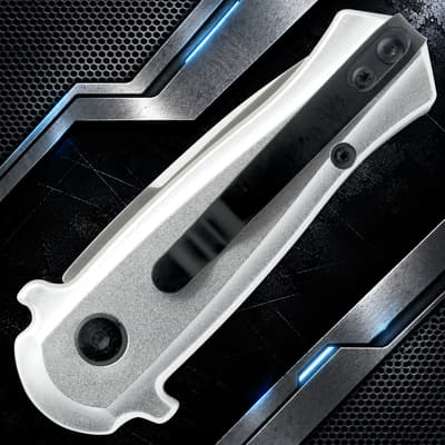 Closed silver knife with black clip